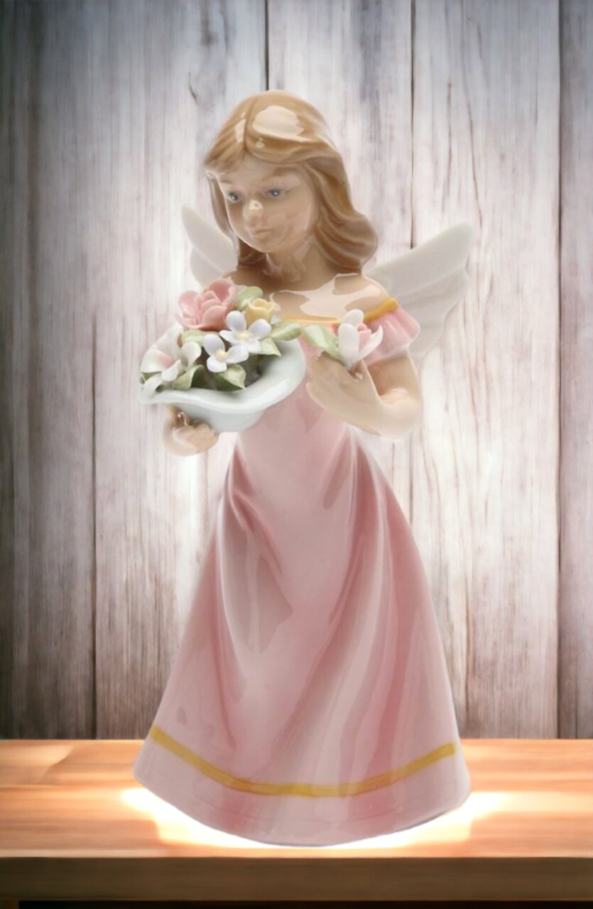 Ceramic Angel with Flowers in Pink Dress Figurine, Religious Décor, Religious Gift, Church Décor, Church Gift, Baptism Gift